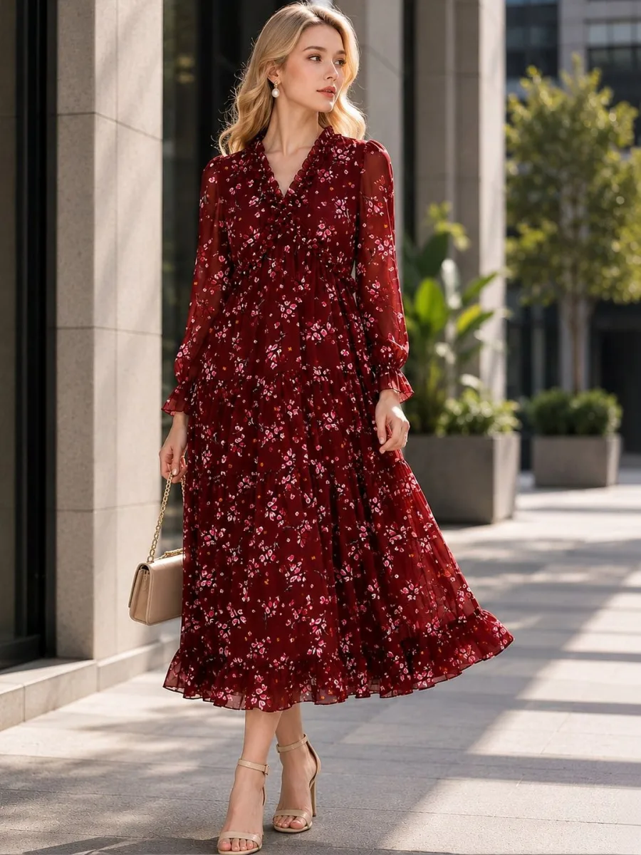Floral Print Georgette A-Line Midi Dress