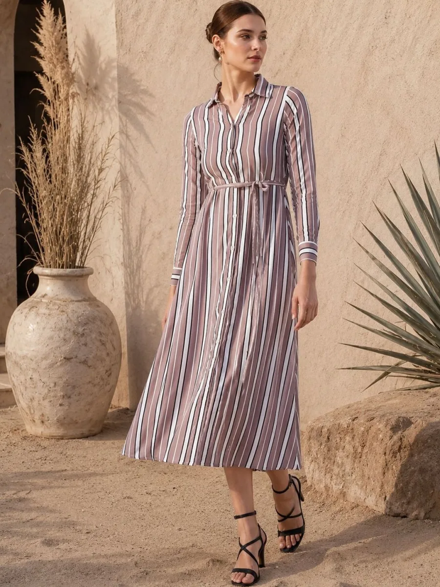 Striped Crepe Shirt Midi Dress