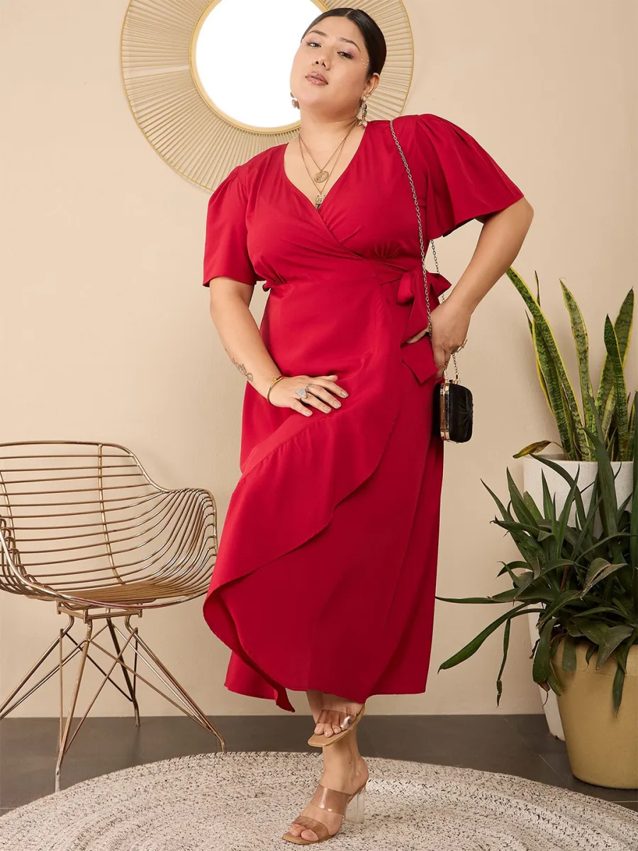 Flared Sleeve Wrap Midi Dress