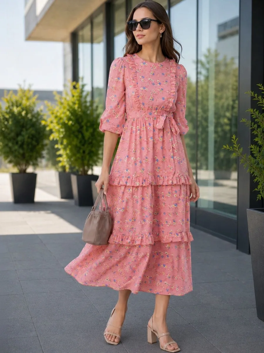 Floral Print Georgette A-Line Midi Puff Sleeve Dress