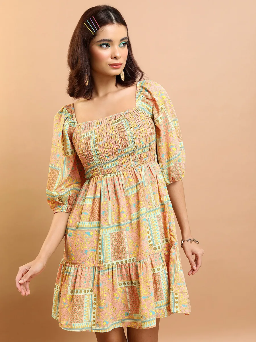 Floral Print Fit & Flare Puff Sleeve Dress
