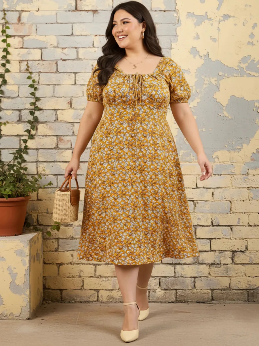 Floral Print A-Line Midi Off-Shoulder Dress