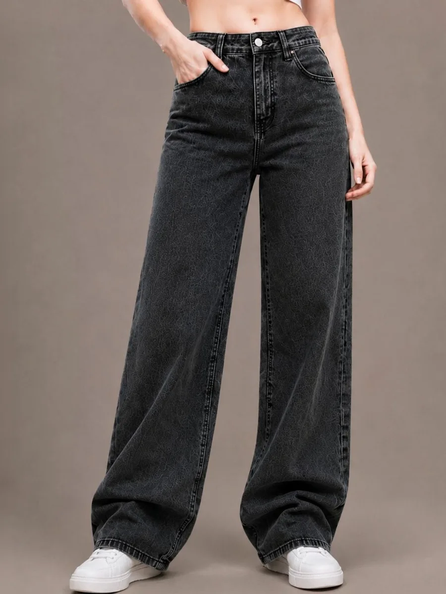 Women Washed Black Wide Jeans