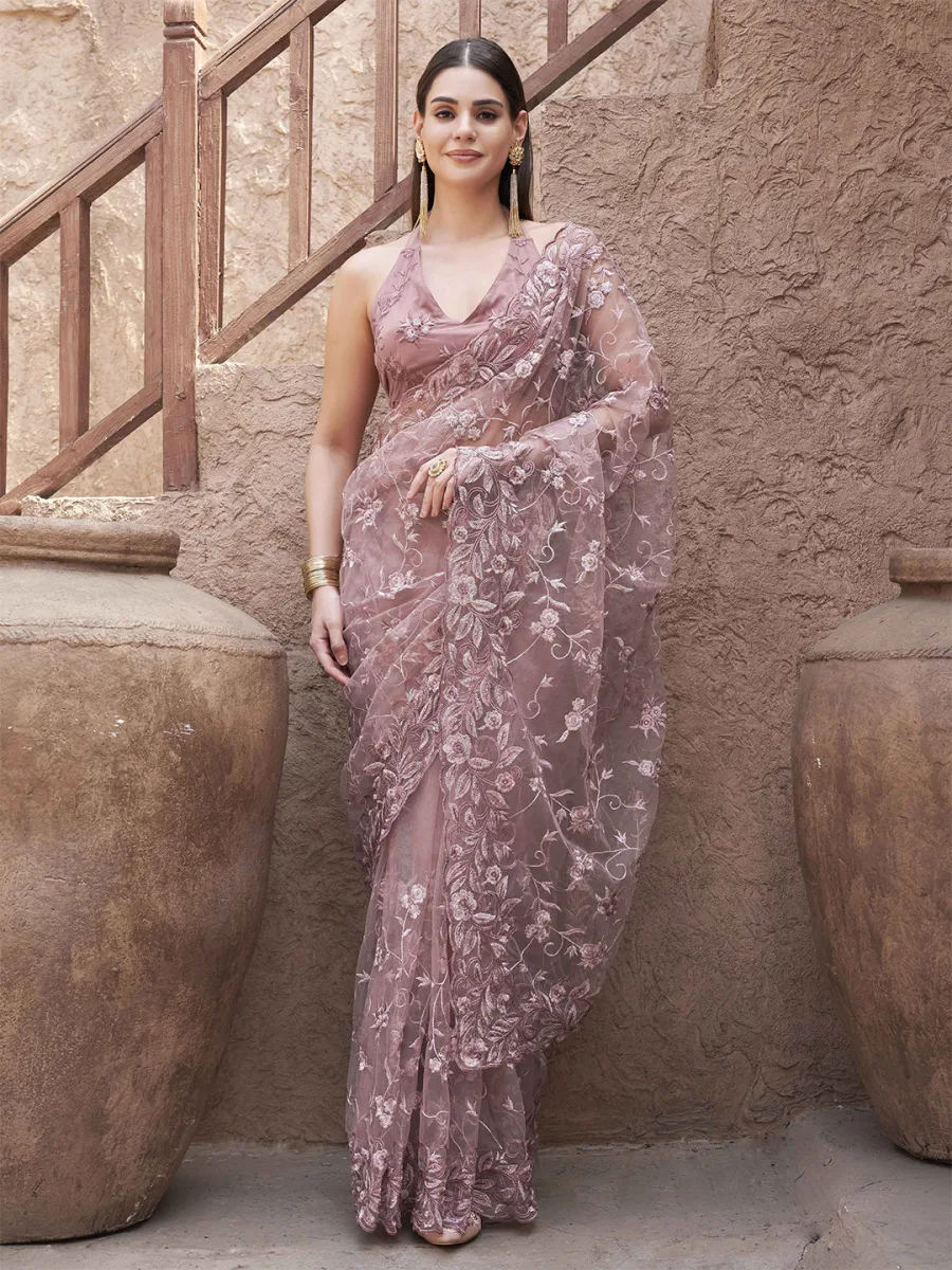 Floral Embroidered Net Saree