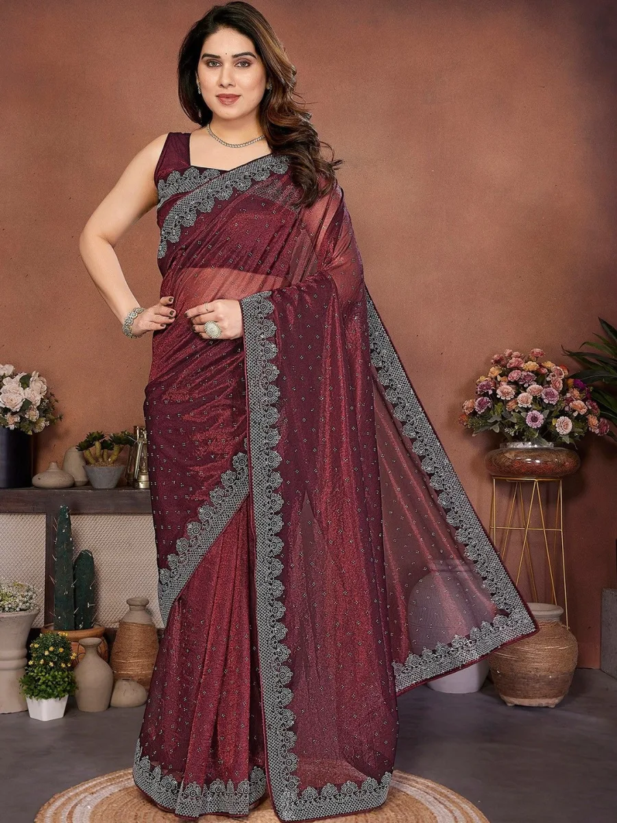 Maroon Tissue Embroidered Sari
