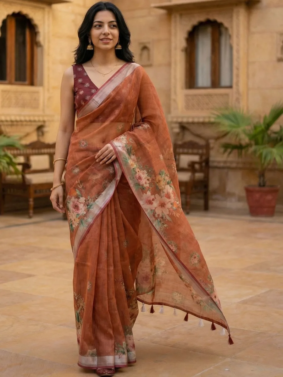 Floral Pure Linen Saree