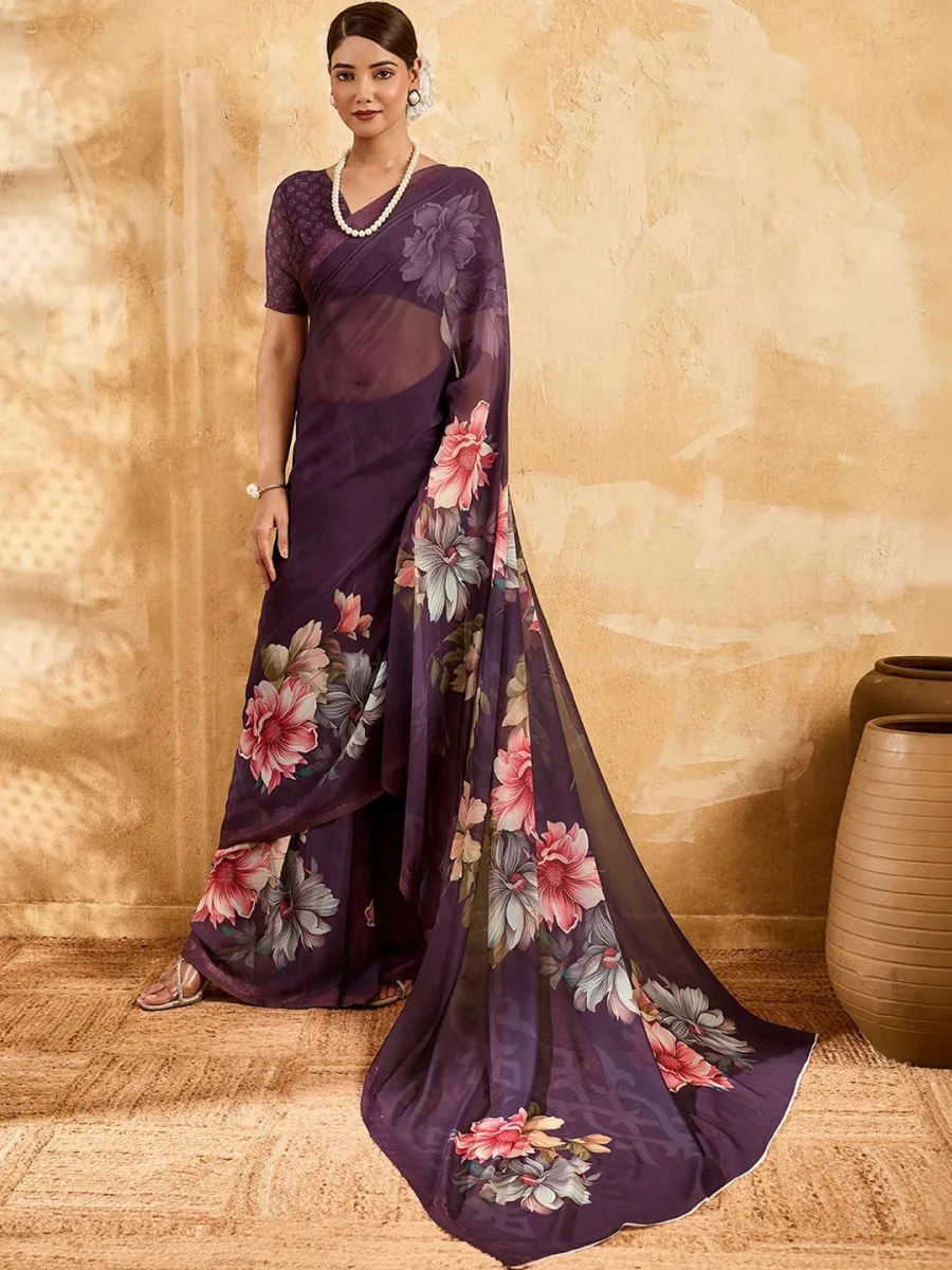 Purple Geogette Printed Saree