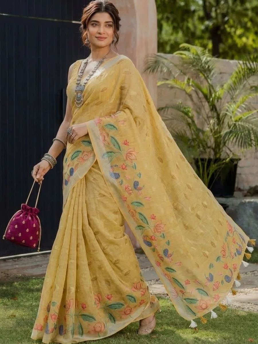 Mustard Linen Pichwai Saree