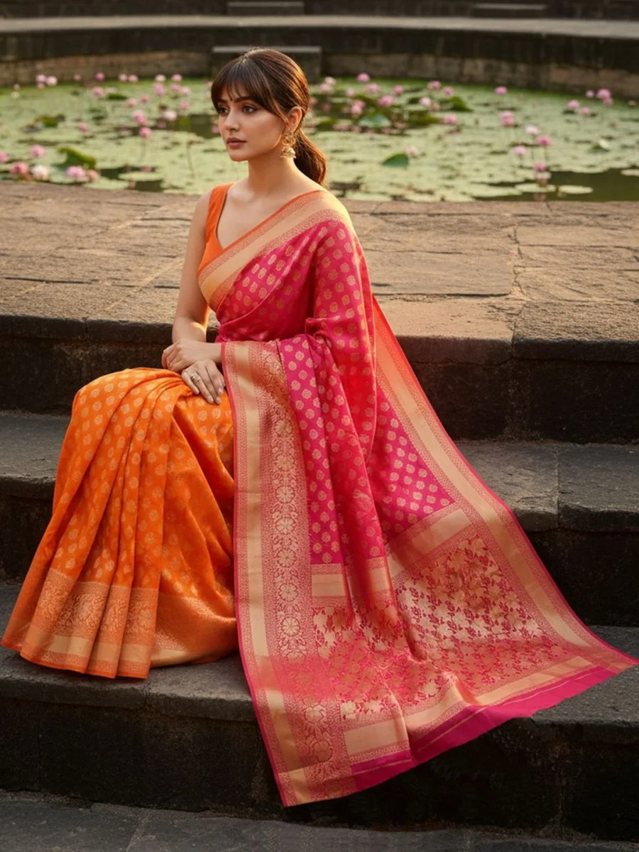 Orange Pink Banarasi Saree