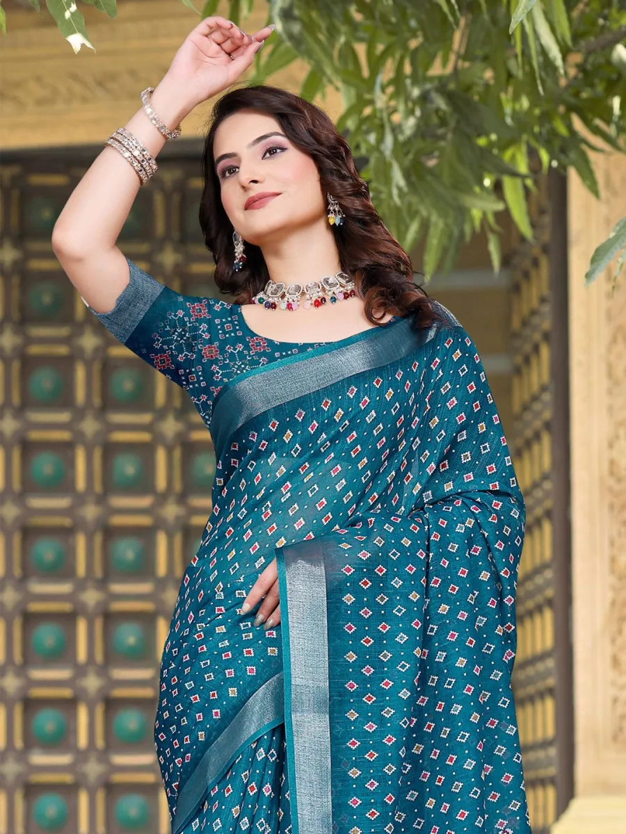 Printed Zari Border Ikat Saree