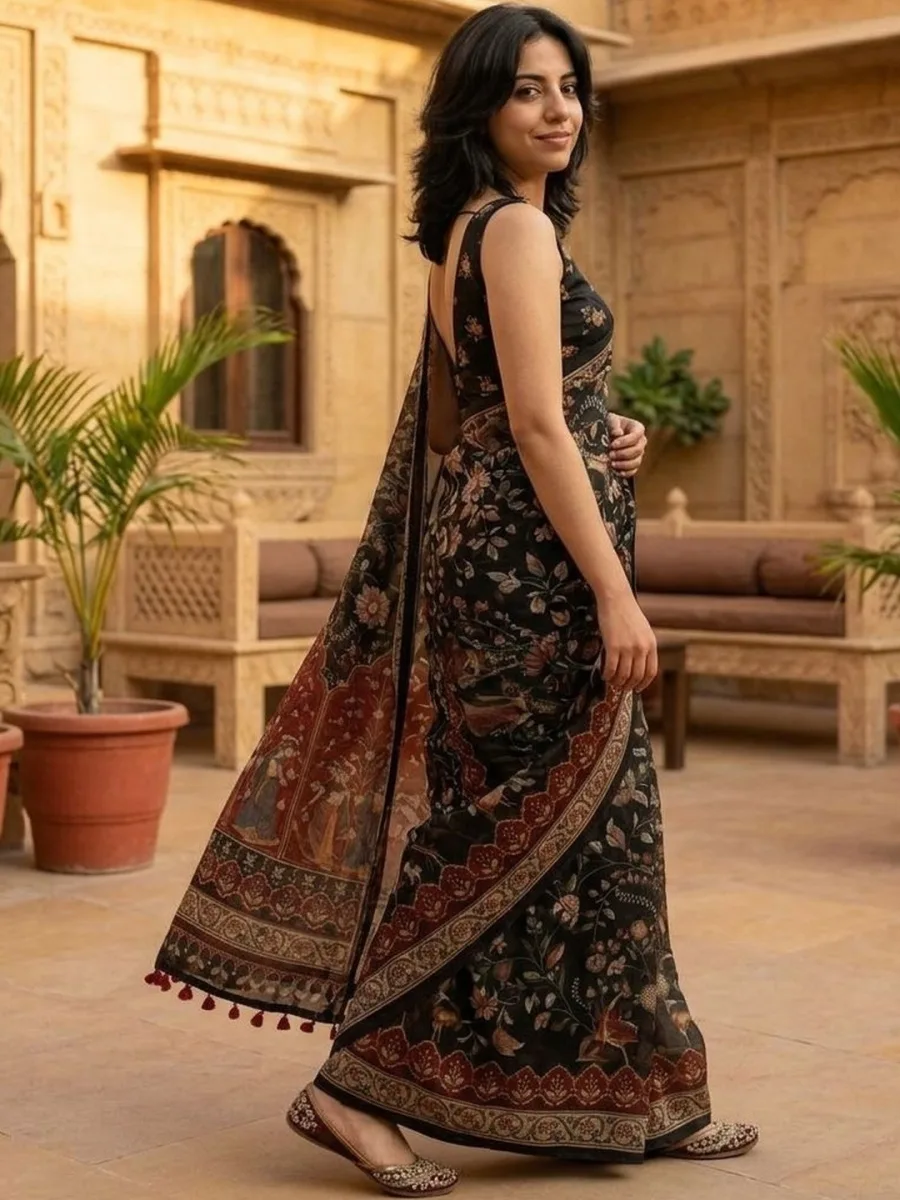 Black Floral Digital Saree