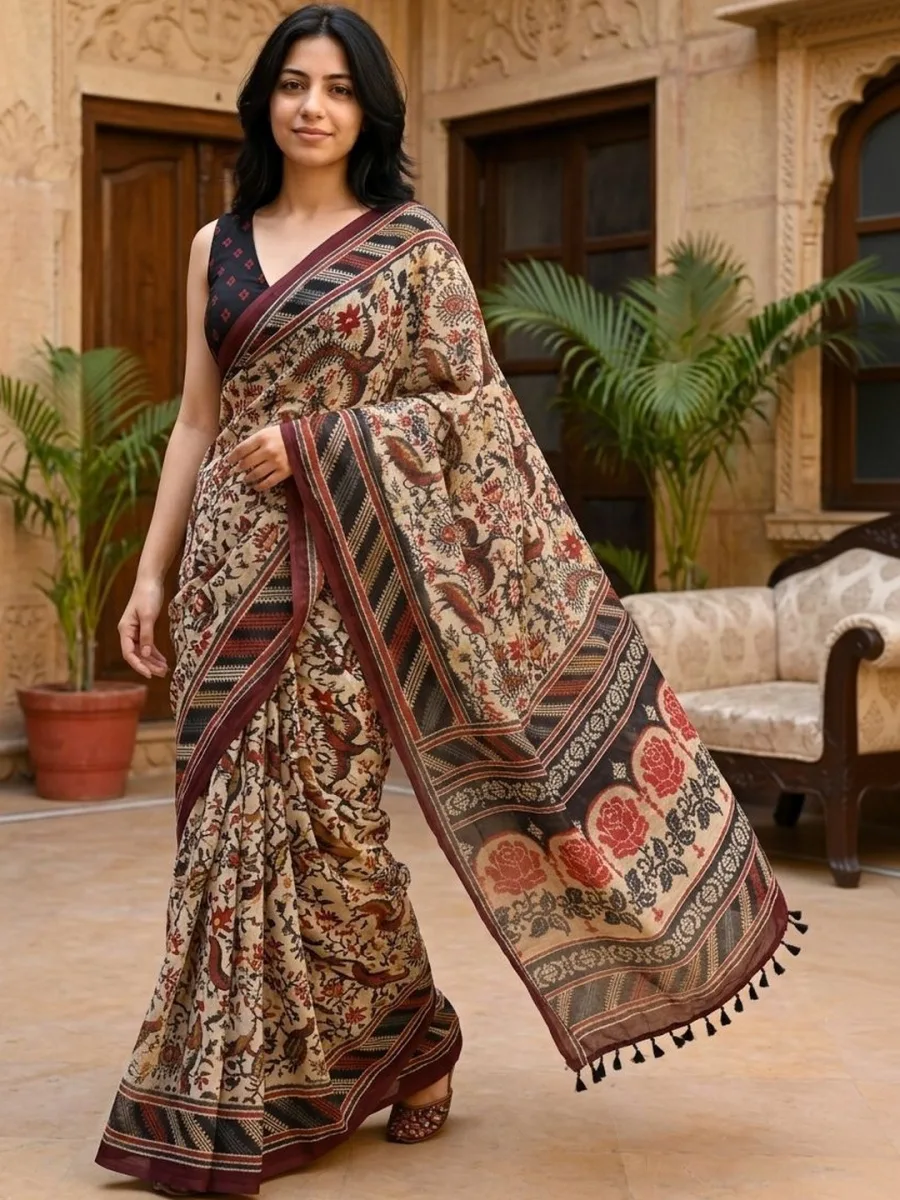 Cream Bird Print Saree