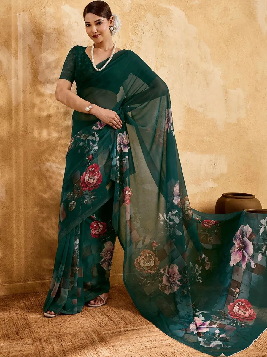 Green Geogette Printed Saree