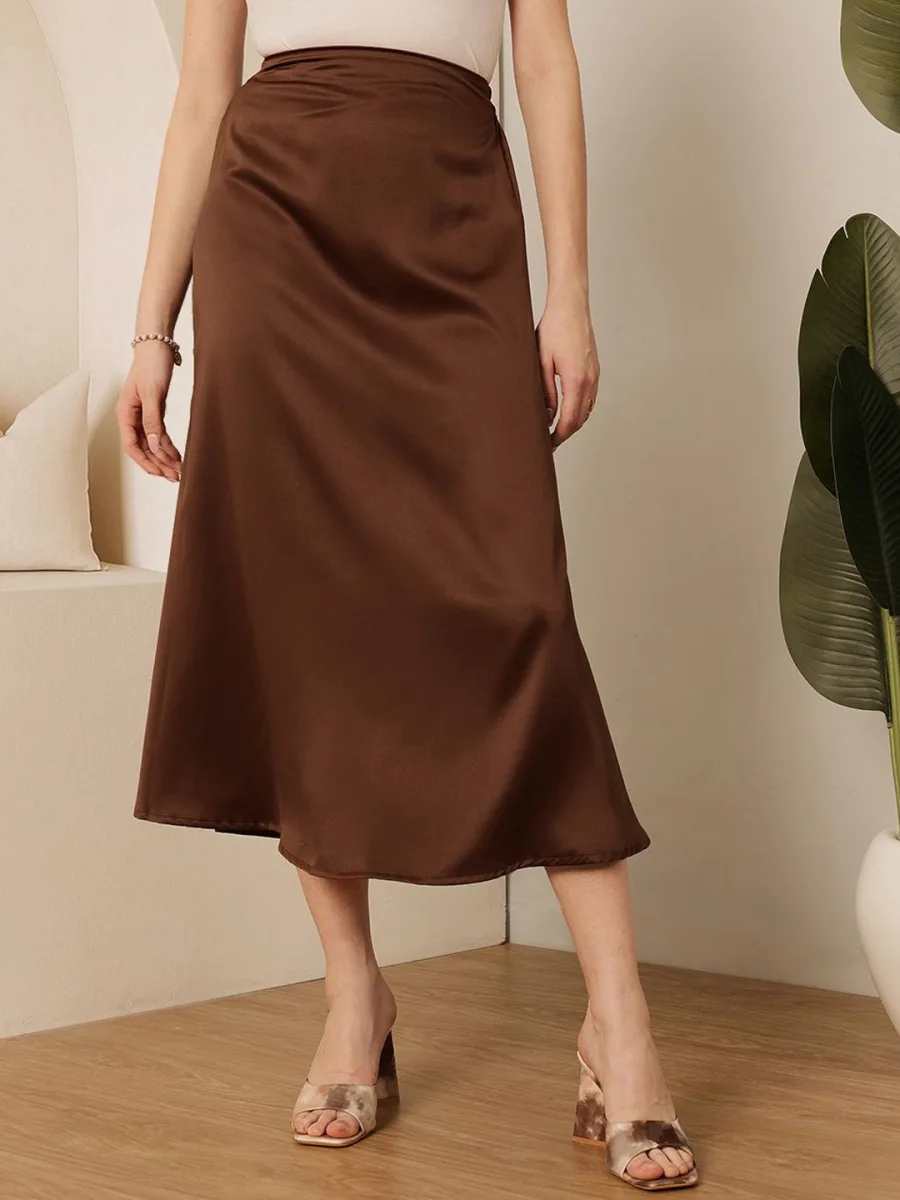 A-Line Midi Satin Skirt
