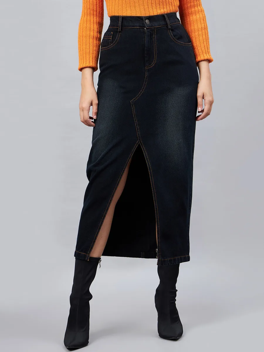 Front Slit Denim Skirt