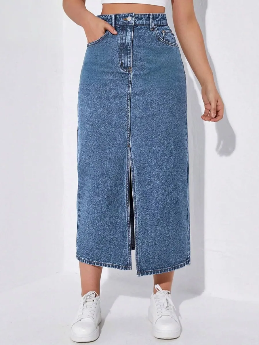 Front Slits Denim Midi Skirts