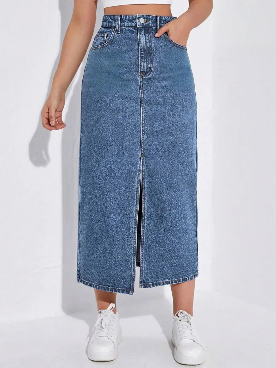 Denim Front Slit A-Line Skirt