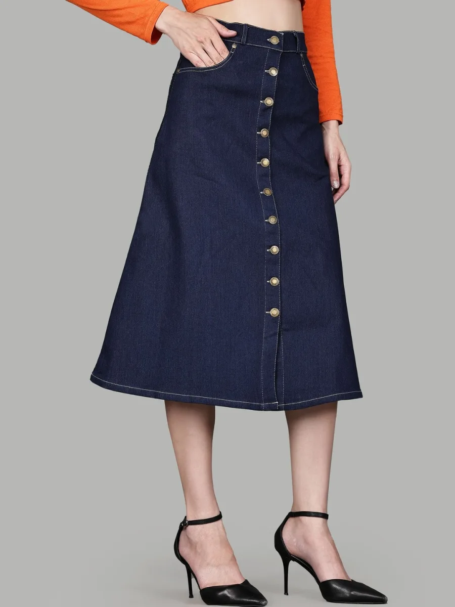 Women Denim Midi A-Line Skirt