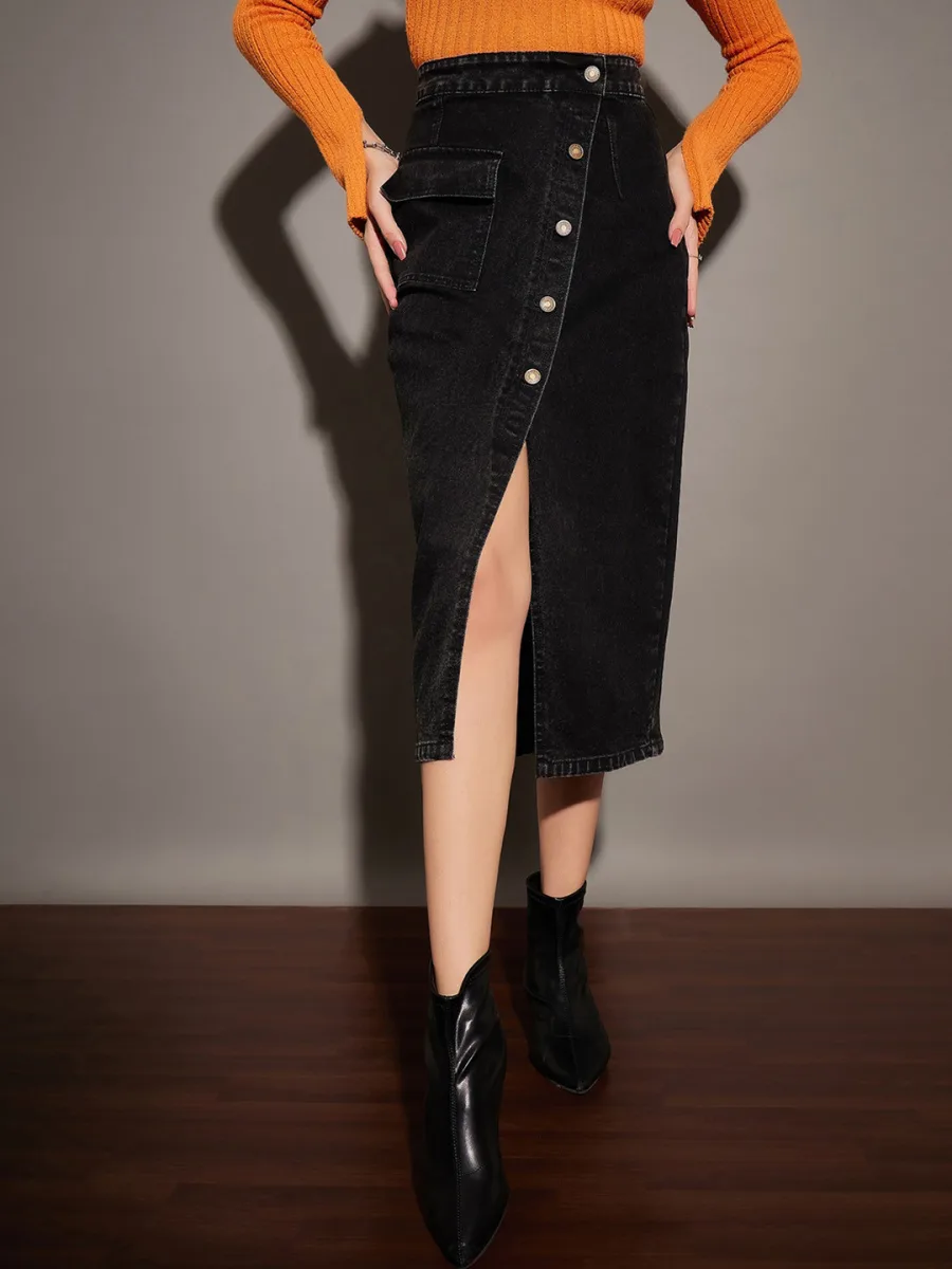 Denim Wrap Midi Skirt