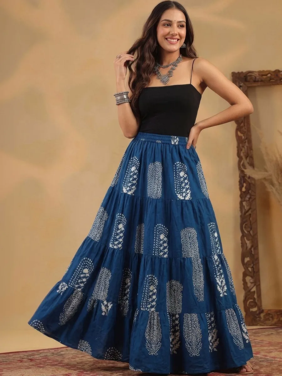 Women Pure Cotton Floral Maxi Tiered Skirt