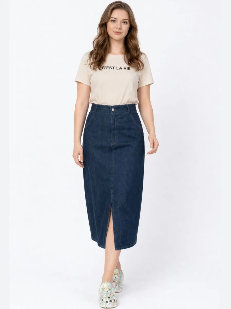 Women Denim Midi Straight Skirt