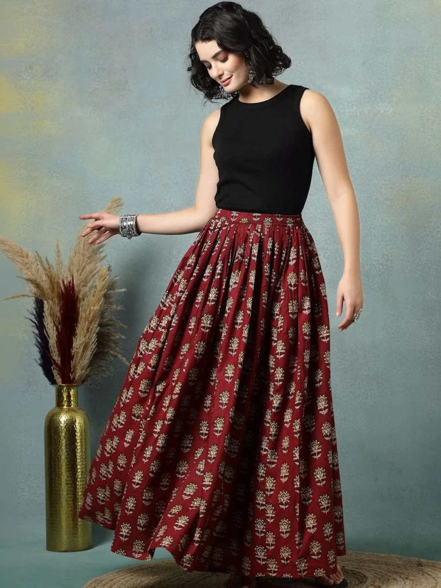 Women Cotton Floral Maxi A-Line Skirt