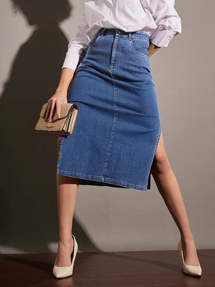 Side Slit A-Line Midi Skirt