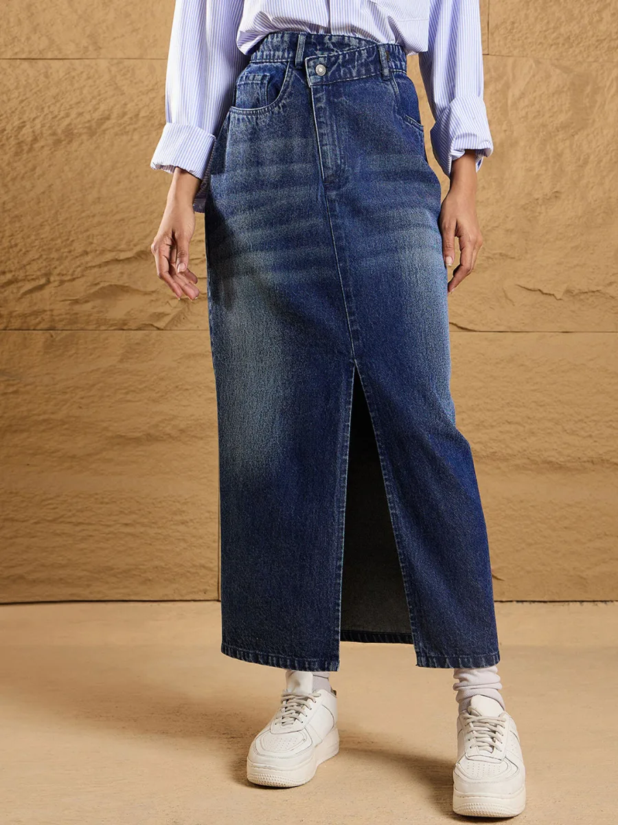 Front Slit Denim Maxi Skirts