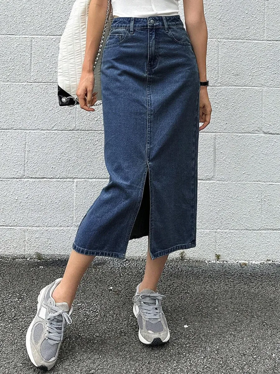 Denim Pencil Midi Skirt