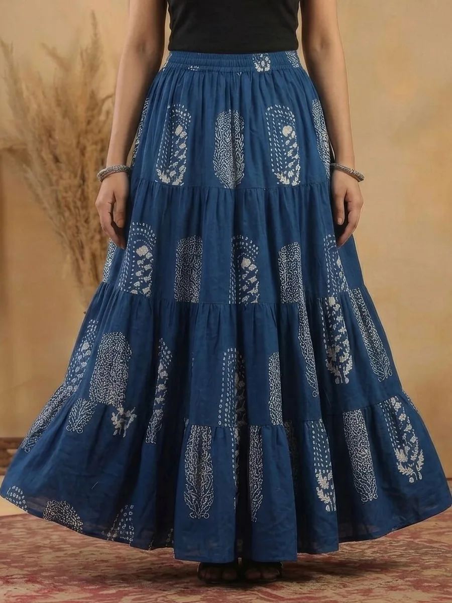 Women Pure Cotton Paisley Maxi Tiered Skirt
