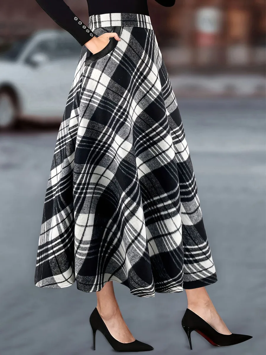 Checked A-Line Midi Skirt