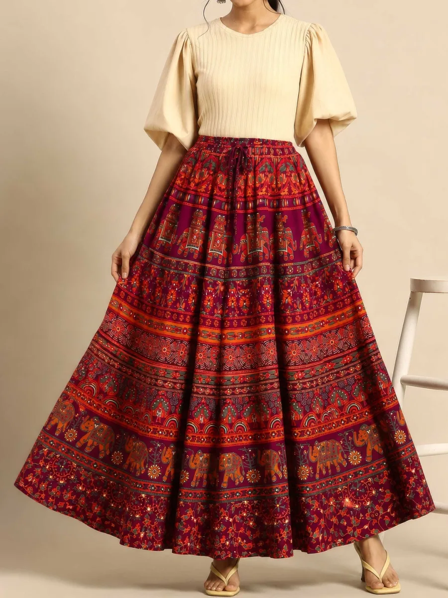Women Pure Cotton Floral Maxi Flared Skirt