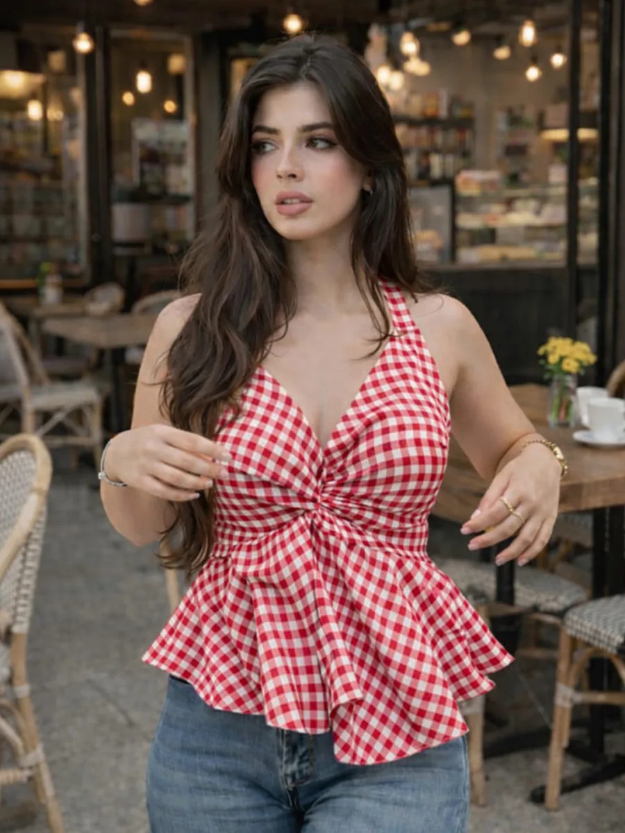 Checked Halter Neck Peplum Top