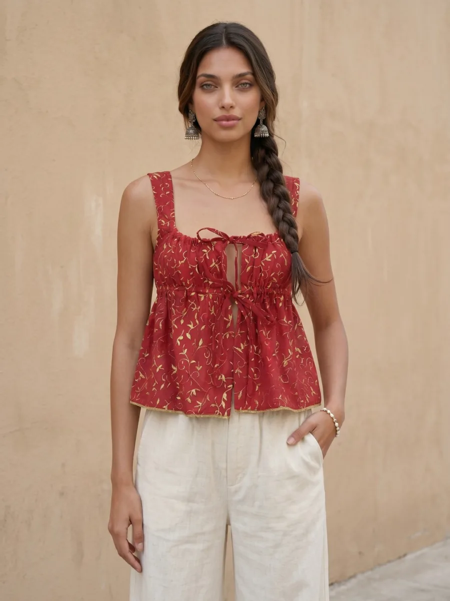 Printed Tie-Up Neck Peplum Top