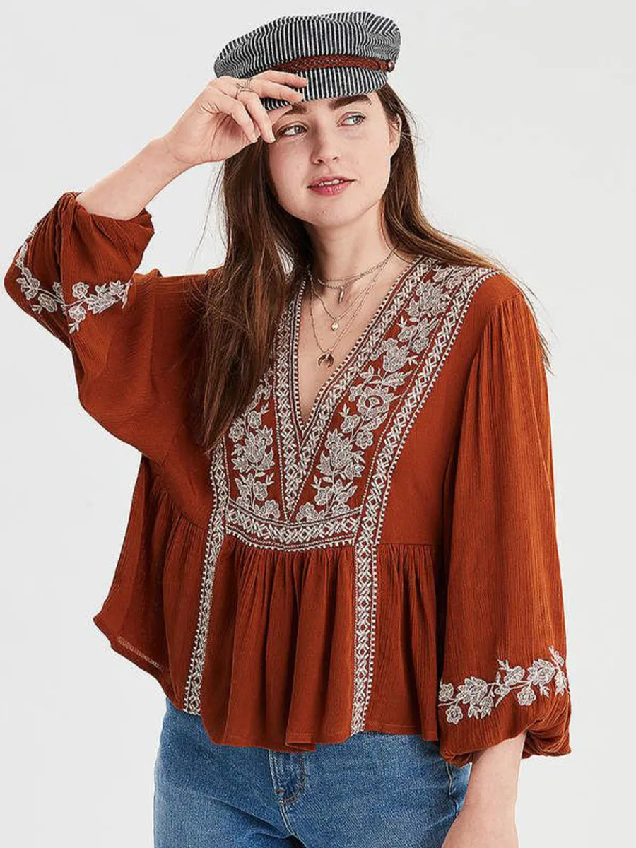 Embroidered V-Neck Top