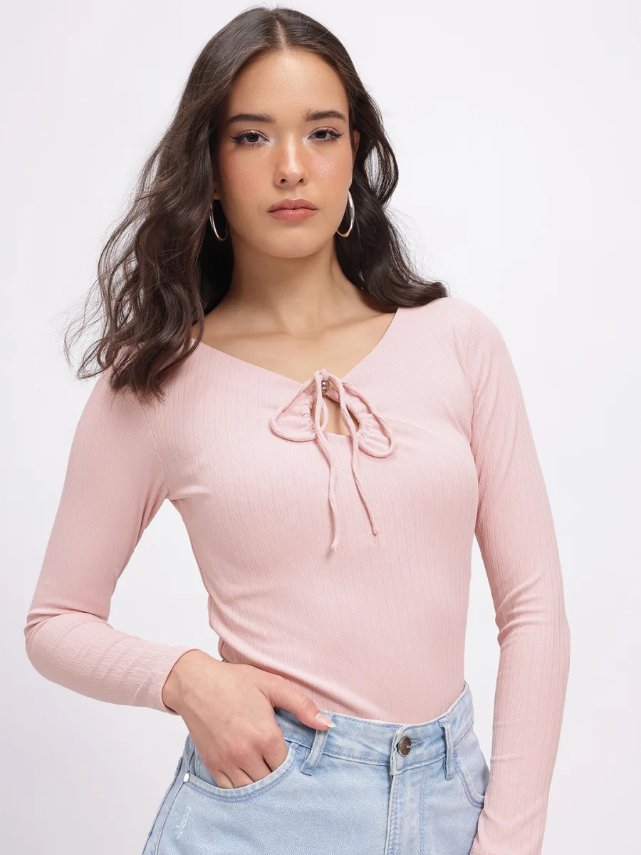 Tie-Up Neck Ribbed Top
