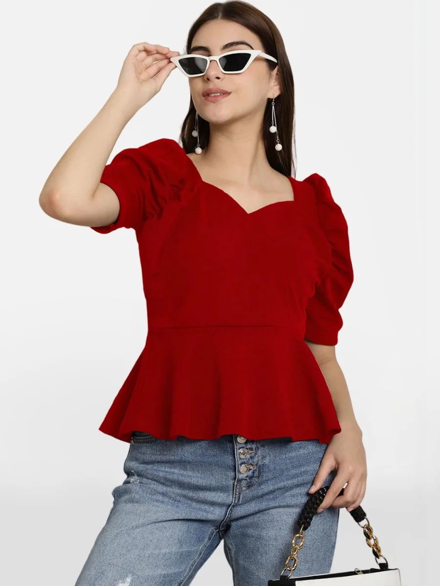 Sweetheart Neck Puff Sleeve Peplum Top